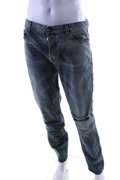Balmain Mens Button Fly Distressed Slim Cut Jeans Blue Denim Size 33
