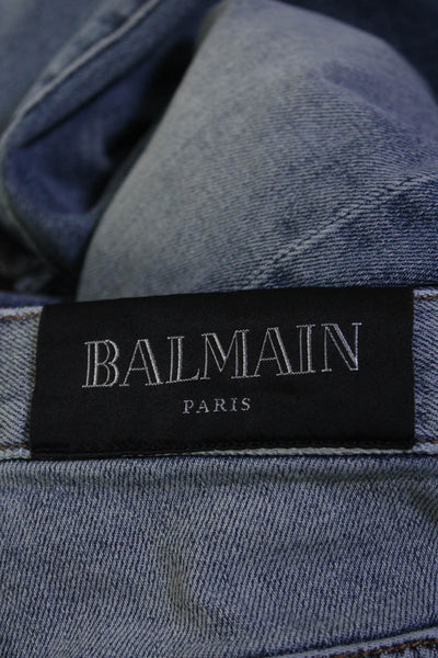 Balmain Mens Button Fly Distressed Slim Cut Jeans Blue Denim Size 33