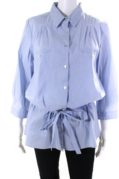 Gerard Darel Womens Drawstring Waist Button Up Tunic Blouse Blue White FR 44