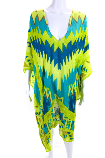 Theodora & Callum Womens Green Blue Printed V-Neck Swim Cover-Up Size OS