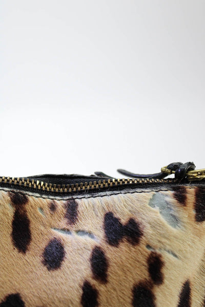 Jerome Dreyfuss Womens Pony Hair Animal Print Zip Pouch Wristlet Handbag Brown
