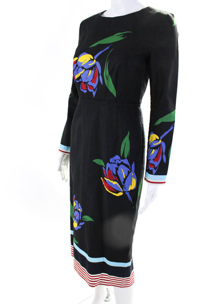 Suno Womens Black Floral Crew Neck Long Sleeve Zip Back Shift Dress Size 4
