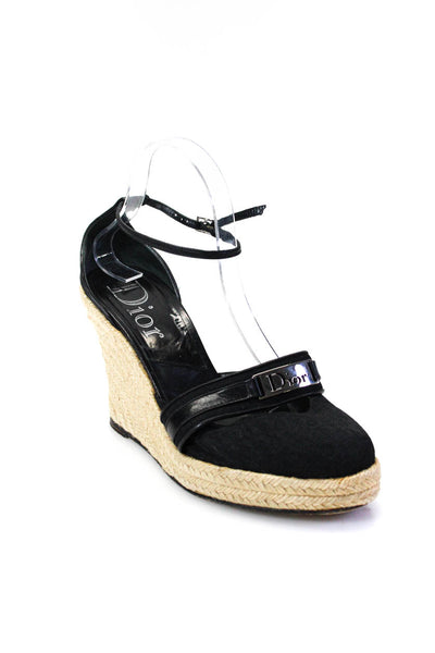 Dior Women's Round Toe Embellish Espadrille Monogram Wedge Sandals Black Size10