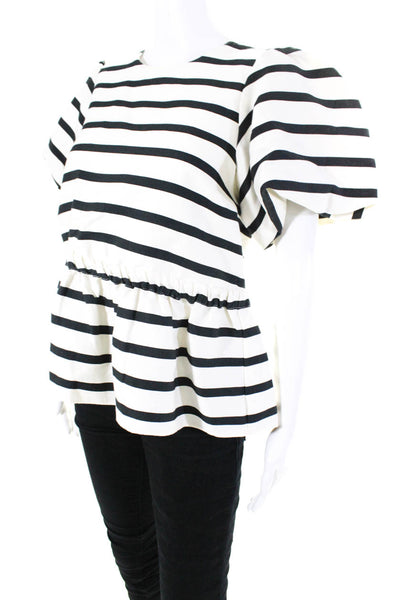 Tanya Taylor Womens Short Sleeve Crew Neck Striped Peplum Top White Black Size 6