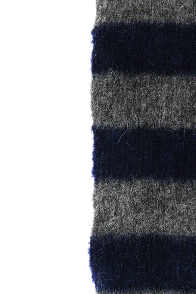 Burberry Womens Striped Pom Pom Trim Scarf Gray Navy Blue Wool