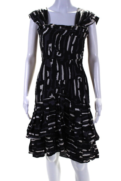 Temperley Womens Square Neck Abstract Satin Pleated Hem Midi Dress Black Gray 6