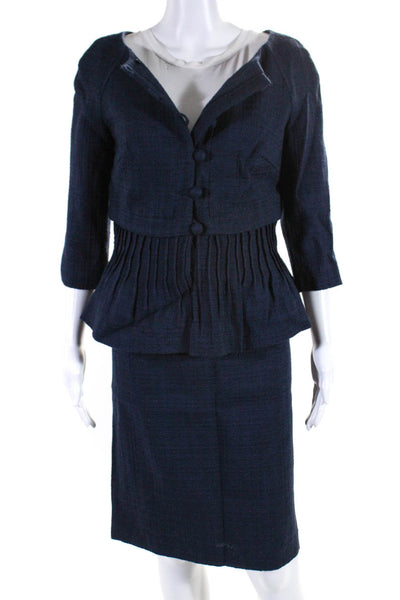 Christian Dior Vintage Womens Button Down Skirt Suit Navy Blue Wool Size 10