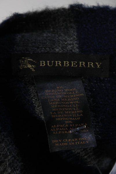 Burberry Womens Striped Pom Pom Trim Scarf Gray Navy Blue Wool