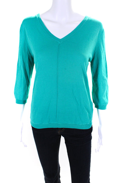 Gerard Darel Womens Knit 3/4 Sleeve Ribbed V-Neck Shirt Top Teal Blue Size 3