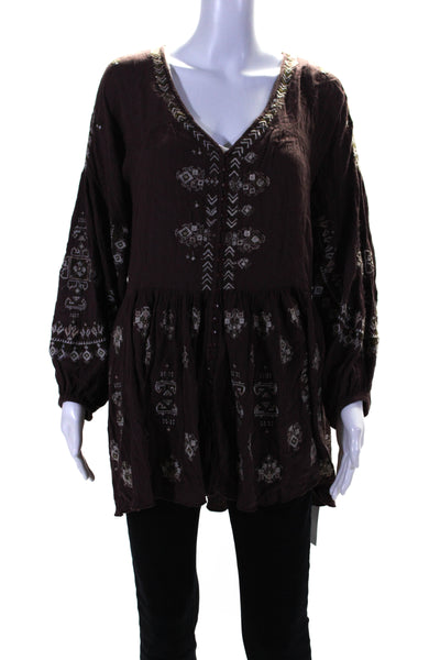Free People Womens Embroidered Button Down Long Sleeves Blouse Brown Size Small
