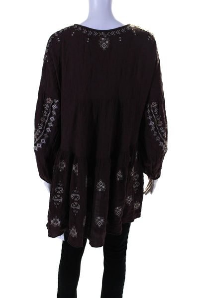 Free People Womens Embroidered Button Down Long Sleeves Blouse Brown Size Small