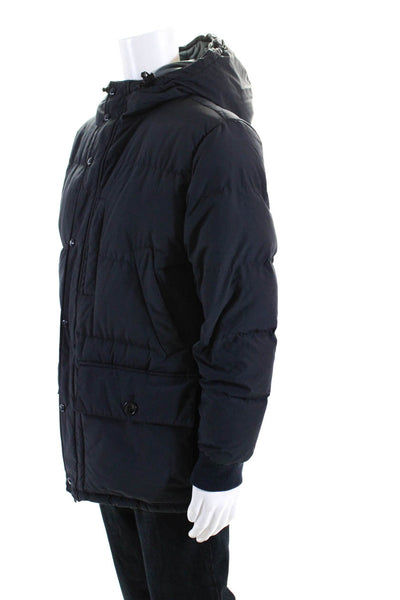 J Crew Mens Quilted Hooded Zip Up Snap Front Puffer Coat Jacket Navy Size M