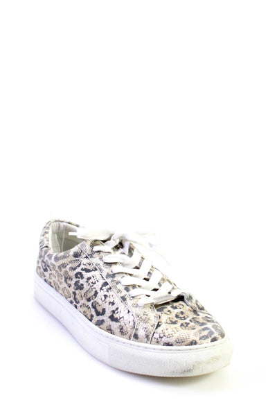 J Slides Womens Leather Animal Print Lace-Up Platform Sneakers Beige Size 8
