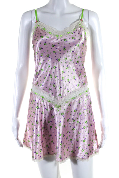 Betsey Johnson Womens Lace Trim Floral Satin Mini Nightgown Pink Purple Large