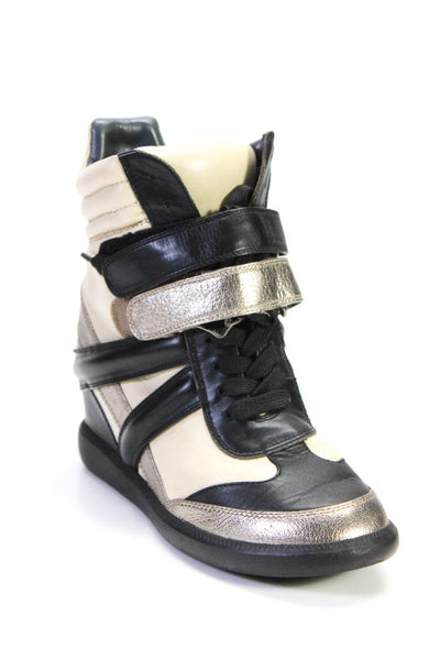 Monika Chiang Womens Leather High Top Wedge Sneakers Beige Black Size 39.5 9.5
