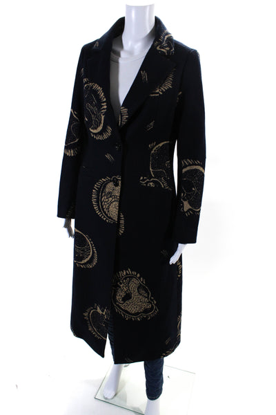 Christian Dior Womens Printed Collared Button Up Long Pea Coat Navy Size M