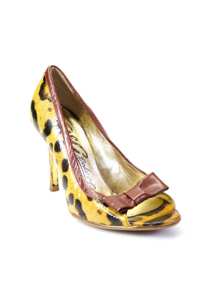Dolce & Gabbana Womens Leather Animal Print Open Toe Bow Pumps Brown Size 36 6