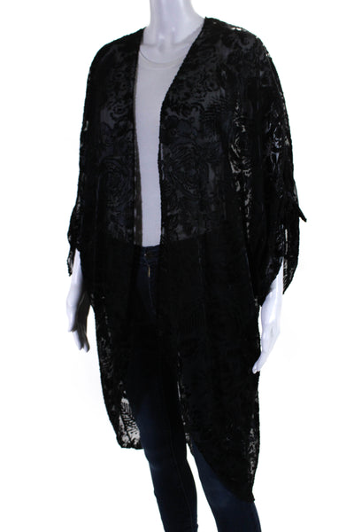 Blanche Womens Floral Embroidered Open Front Short Sleeve Cardigan Black Size OS