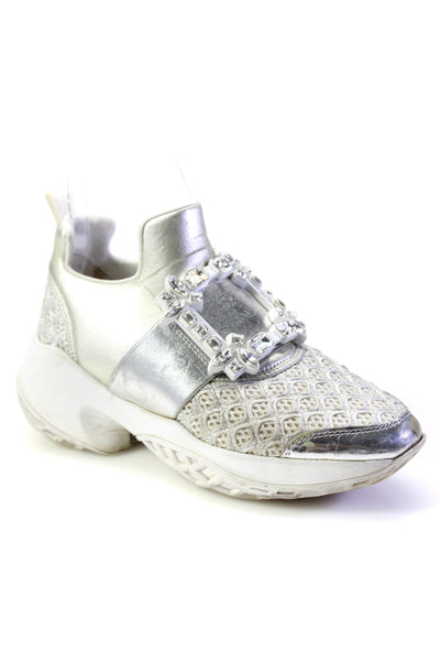 Roger Vivier Womens Round Toe Jewel Metallic Platform Sneakers Silver Size EUR35