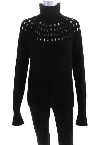 Tamara Mellon Womens Pointelle Knit Turtleneck Sweater Black Wool Size Medium