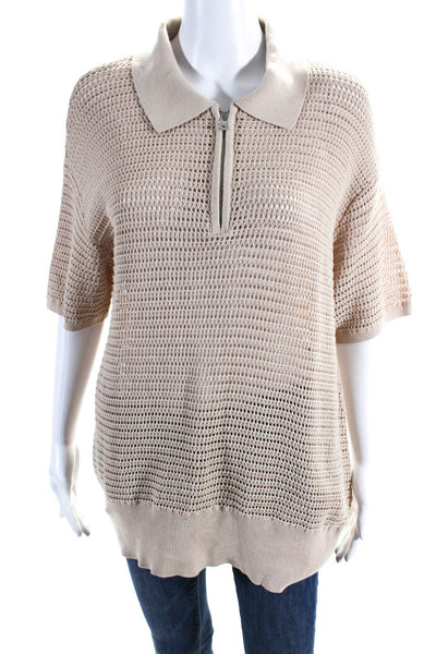 Varley Womens Cotton Open Knit 1/2 Zip Collared Short Sleeve Polo Top Tan Size S