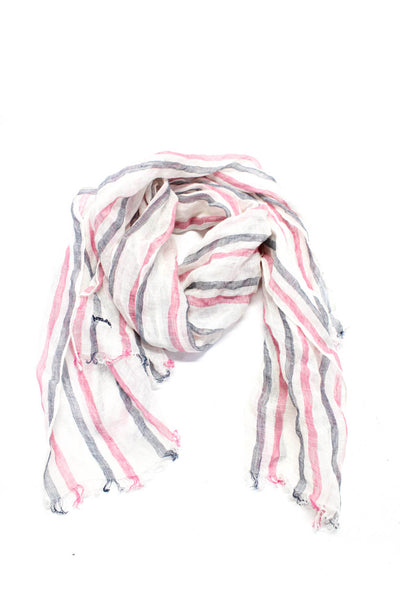 Brioni Womens 100% Linen Sheer Striped Raw Hem Scarf Shawl White Pink Navy Blue