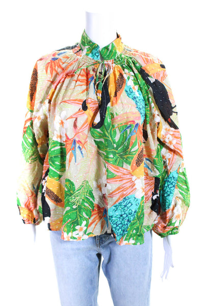 Farm Rio Womens Tropical Print Swiss Dot Blouse Multi Colored Size Extra Small