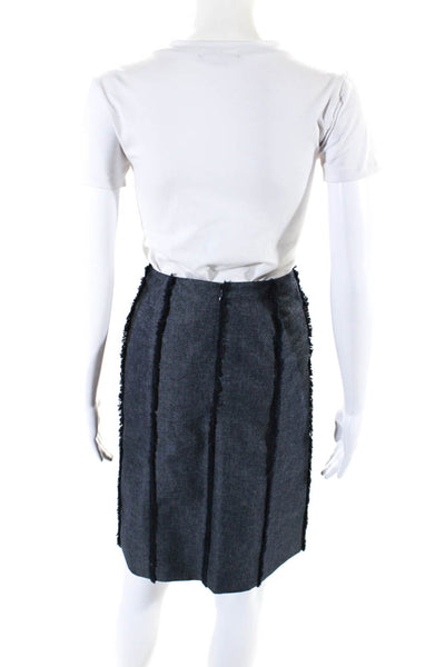 Chanel Womens Back Zip Fringe Striped Pencil Skirt Blue Cotton Size FR 38 00C