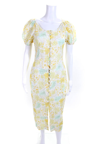 Cult Gaia Womens Cotton + Linen Floral Print Button Up Maxi Dress Yellow Size S