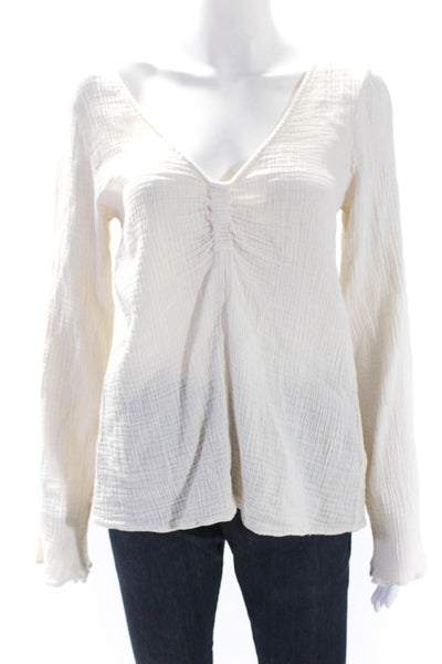Raquel Allegra Womens Cotton Textured V-Neck Long Sleeve Blouse White Size 2