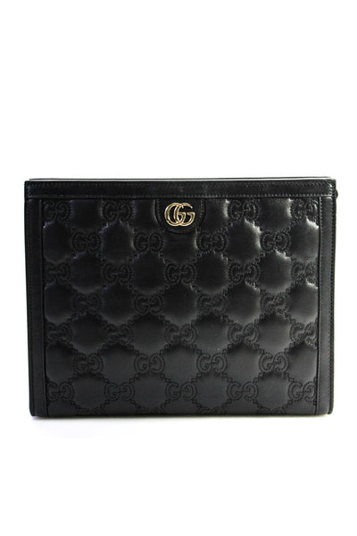 Gucci Womens Medium Zip Top GG Matelassé Pouch Handbag Black Leather