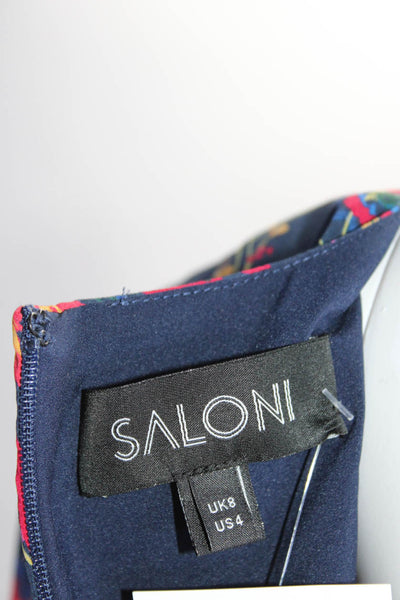 Saloni Womens Floral Long Sleeved V Neck A Line Short Dress Navy Blue Red Size 4