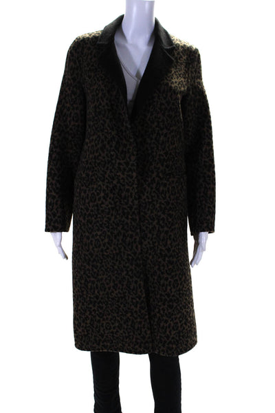 Topshop Womens Button Front Collared Leopard Coat Brown Black Wool Size 2