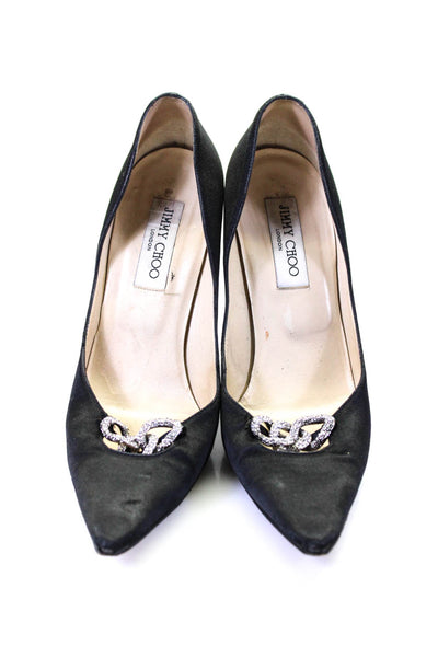 Jimmy Choo Womens Stiletto Crystal Chain Pointed Satin Pumps Black Size 39