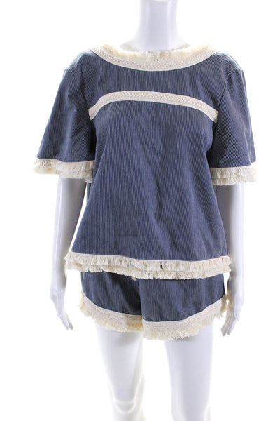 N Nicholas Womens Pinstriped Fringe Oversized Shirt Shorts Set Blue White Size 6