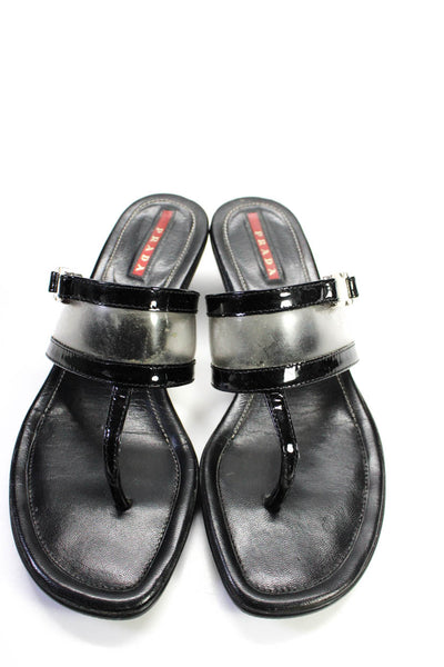 Prada Womens Vernice + Traspar Buckled T-Strap Kitten Heels Black Size EUR36