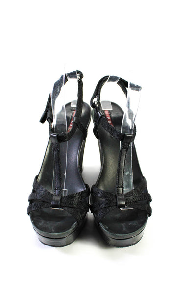 Prada Womens Nevada Ribbon Strappy Ankle Buckled Wedge Heels Black Size EUR35