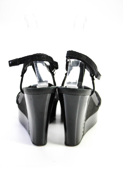 Prada Womens Nevada Ribbon Strappy Ankle Buckled Wedge Heels Black Size EUR35