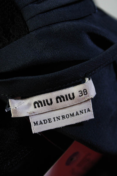 Miu Miu Womens Pleated Lace Panel Round Neck Short Sleeve Dress Navy Size 38