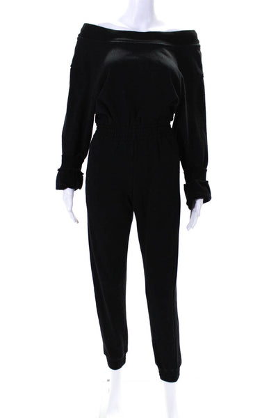 R+A Womens Knit Scoop Neck Long Sleeve Smocked Waist Jumpsuit Black Size S
