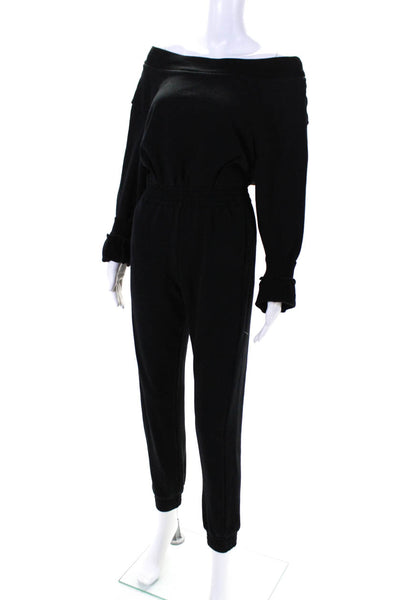 R+A Womens Knit Scoop Neck Long Sleeve Smocked Waist Jumpsuit Black Size S
