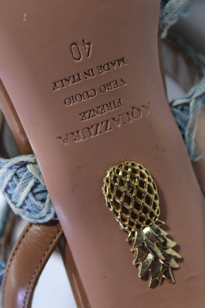 Aquazzura Womens Braided Denim Leather Strappy Stiletto Sandals Blue Tan 40 10