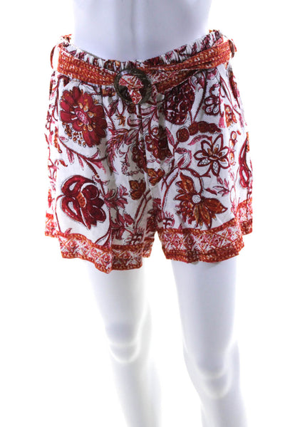 Nicole Miller Womens High Rise Drawstring Floral Linen Shorts White Red Small