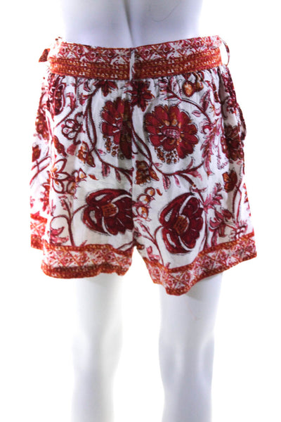 Nicole Miller Womens High Rise Drawstring Floral Linen Shorts White Red Small