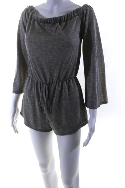 Vintage Havana Womens Metallic Knit Off Shoulder Romper Taupe Gold Size Small