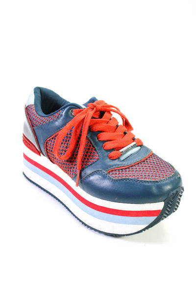 DKNY Womens Lace Up Striped Platform Mesh Trim Leather Sneakers Blue Red Size 9