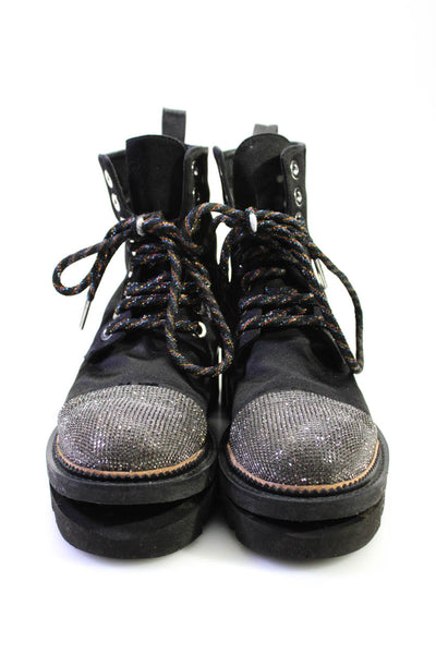 Sebastian Womens Rhinestone Cap Toe Silk Satin Combat Boots Black Size 37 7