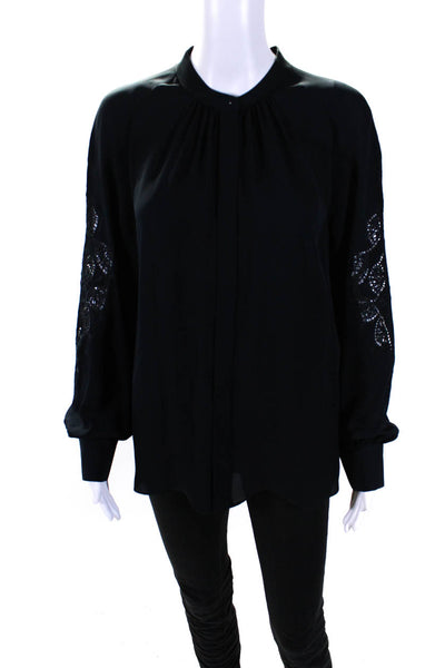 Elie Tahari Womens Embroidered Long Sleeved Buttoned Blouse Navy Blue Size M
