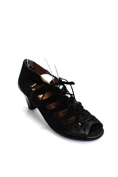 Paul Green Munchen Womens Prague Suede Open Toe Lace Up Heels Black Size 6.5