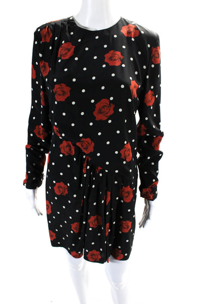 Saint Laurent Womens Polka Dot Rose Pleated Long Sleeve Sheath Dress Black FR 42